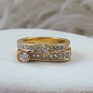 Swarovski Gold Tone Two Stackable Band Rings with Clear Crystals- Good Condition